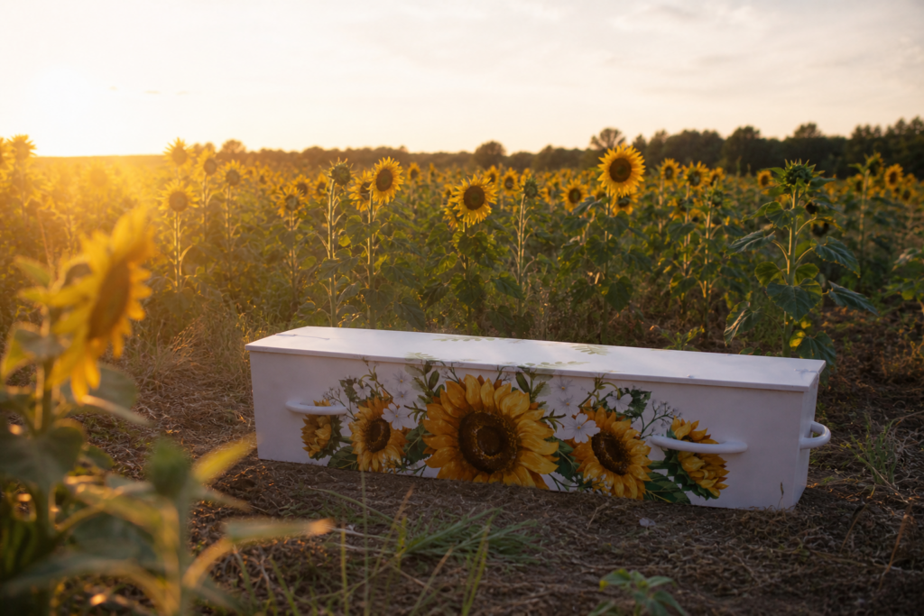 ecologische uitvaartkist in de natuur. Zelf regelen van de uitvaart kan met deze duurzame kist
